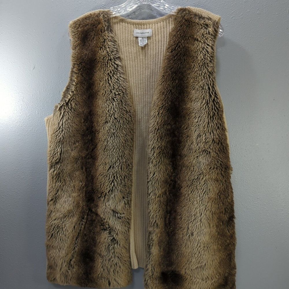 Liz Claiborne Woman's XL Faux Fur‎ Brown And Beige Pockets Vest 514